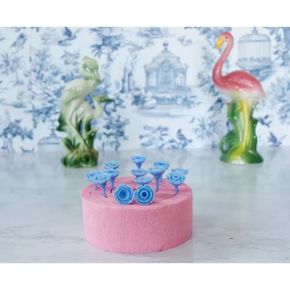 VTG Set of 13 Floral Rose Cake Toppers Candle Holders Retro MCM Birthday Decor